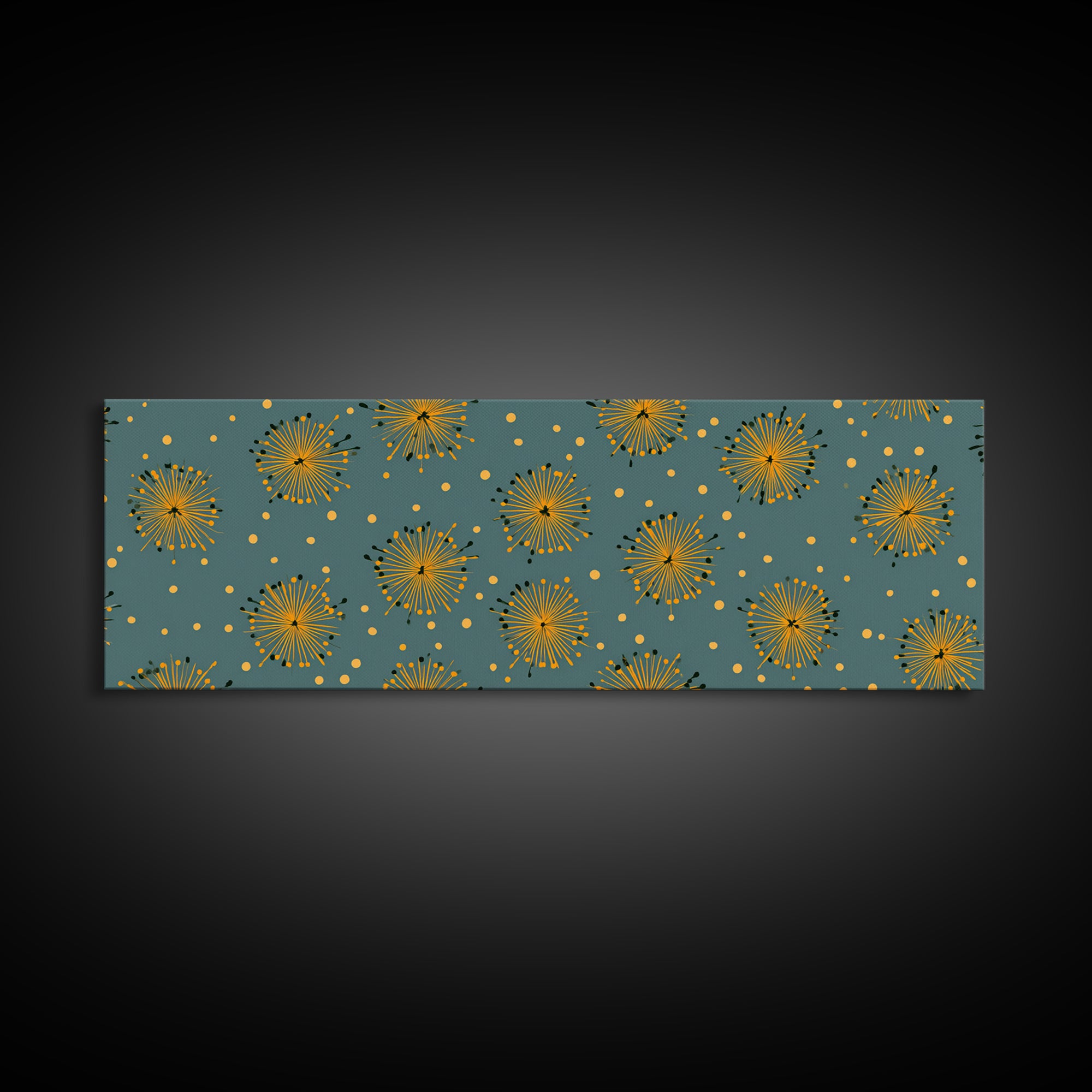 Yellow Starburst Floral Wall Art, Mid Century Modern Print, Retro Atomic Pattern Poster, Teal Kitchen Decor, MCM Art Print