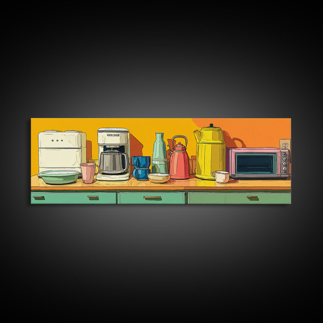 Orange Countertop Coffee Appliances Wall Art, Mid Century Modern Kitchen Print, Retro Toaster Kettle Decor, MCM Poster Print