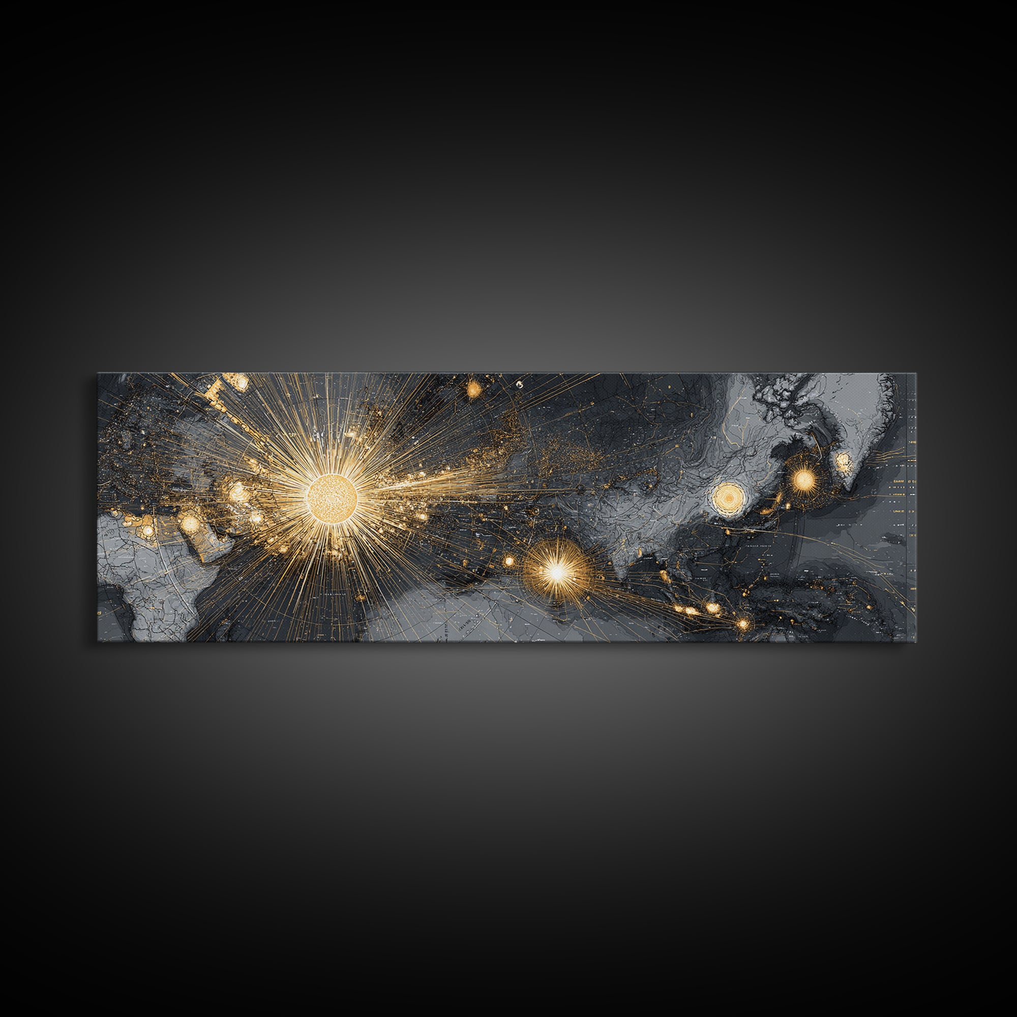 Gold And Charcoal World Map With Radiant Network Lights, Wall Art, Modern Abstract Art Print, Office Decor Statement Poster