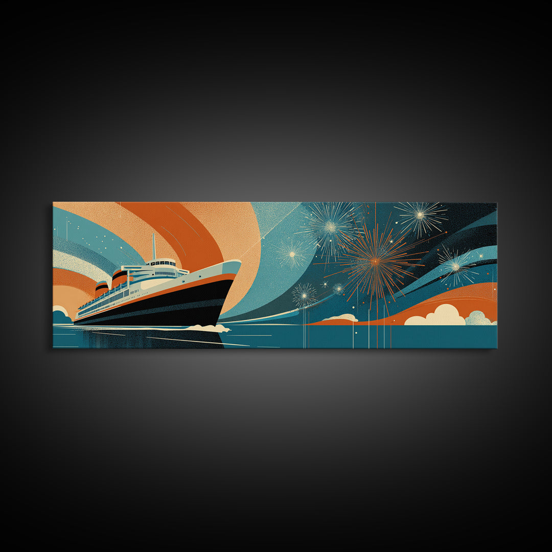 Retro Ocean Liner With Fireworks Wall Art, Mid Century Modern Travel Poster, Cruise Ship Decor, Framed Canvas Print Gift