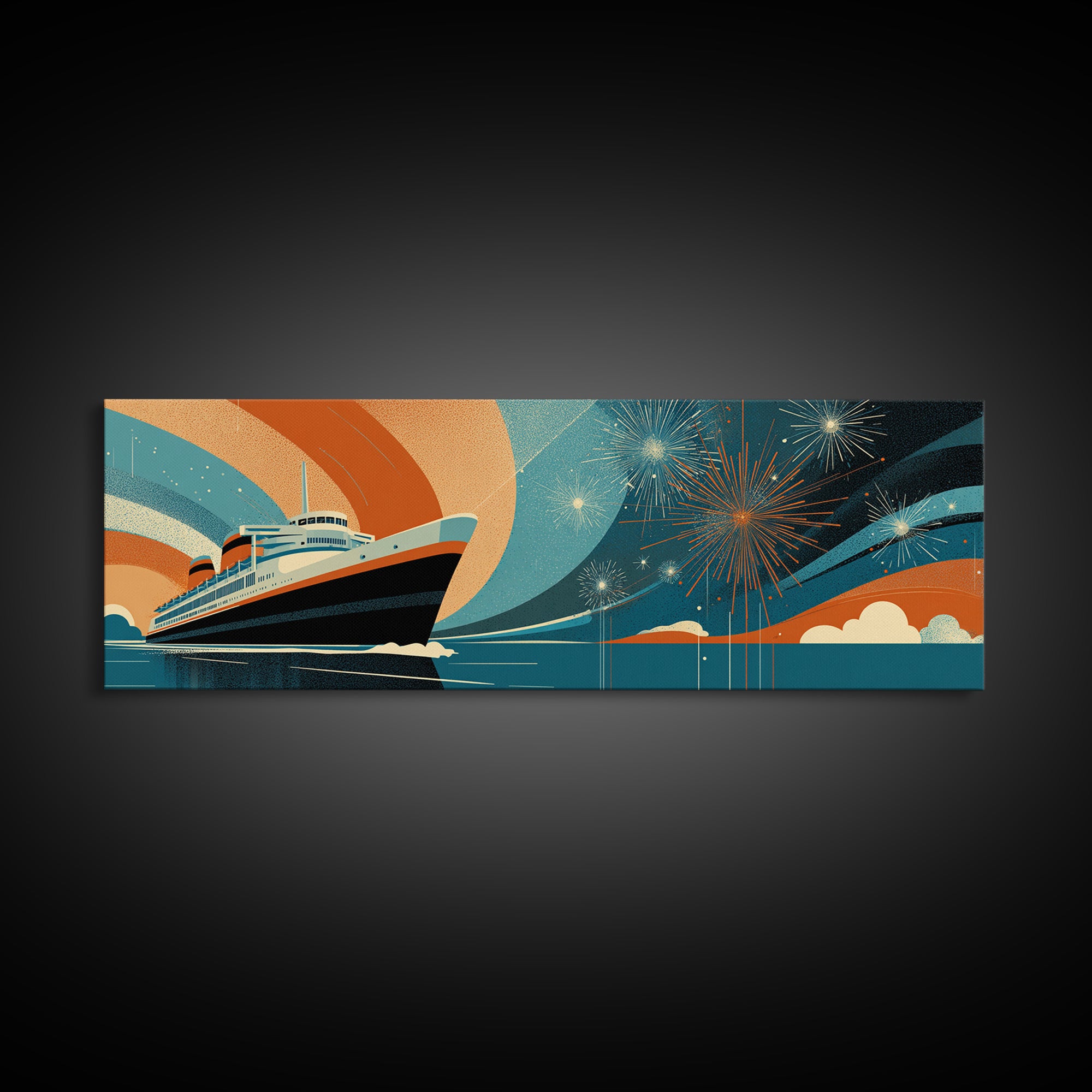 Retro Ocean Liner With Fireworks Wall Art, Mid Century Modern Travel Poster, Cruise Ship Decor, Framed Canvas Print Gift