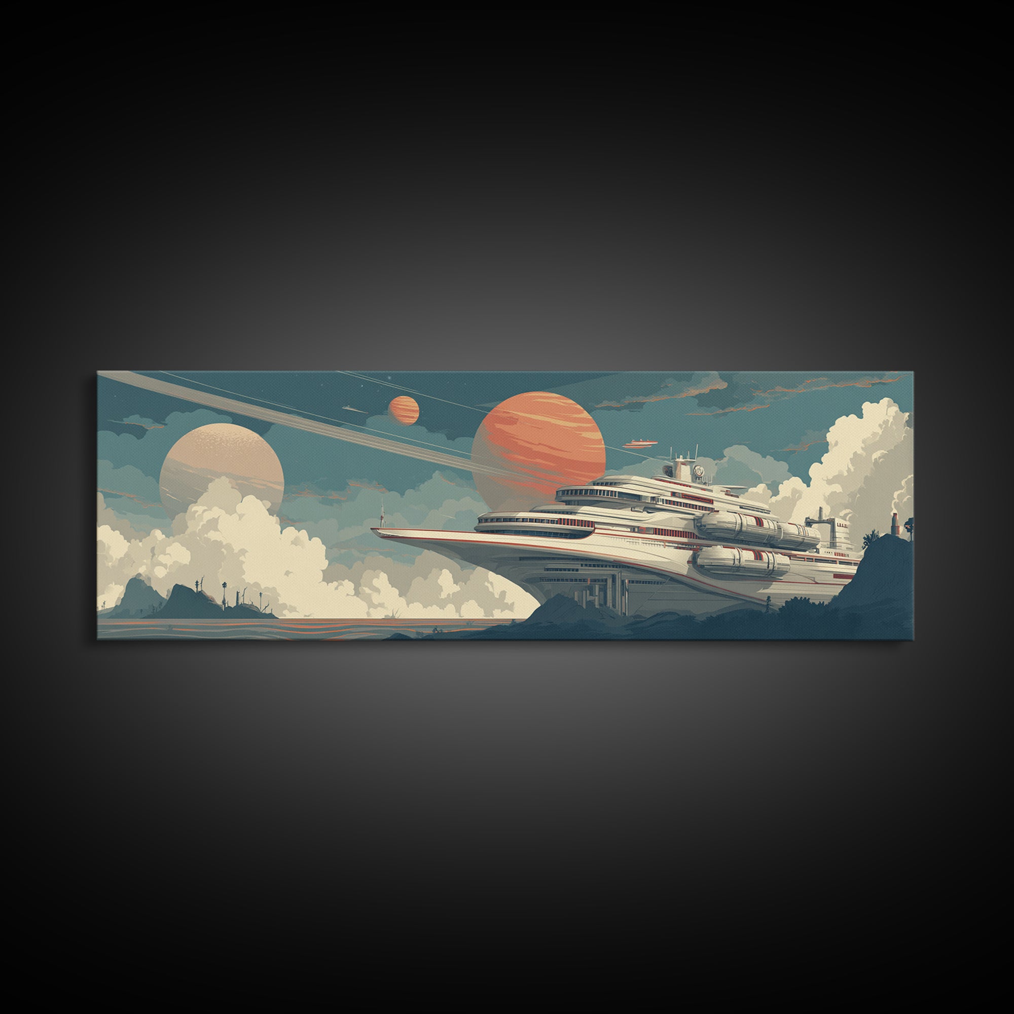 Futuristic Space Cruise Ship Canvas Print, Retro Sci Fi Wall Art, Planet Travel Poster, Modern Home Decor For Office Room