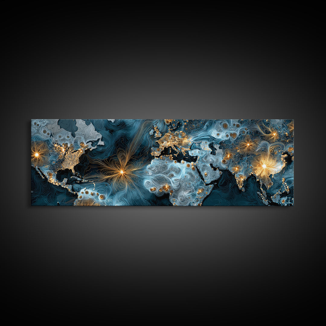 Blue Topographic World Map With Golden City Lights, Canvas Print, Modern Wall Art, Global Abstract Office Decor Poster Print