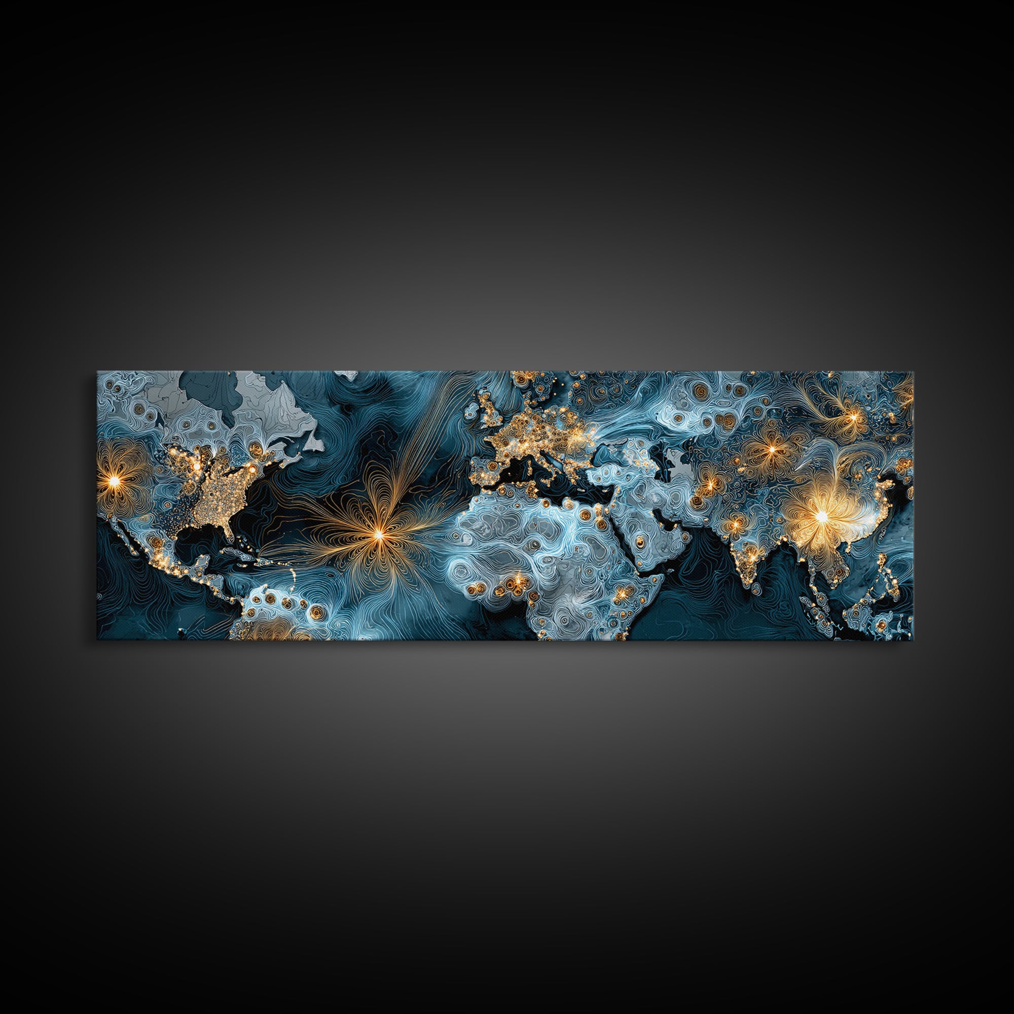 Blue Topographic World Map With Golden City Lights, Canvas Print, Modern Wall Art, Global Abstract Office Decor Poster Print
