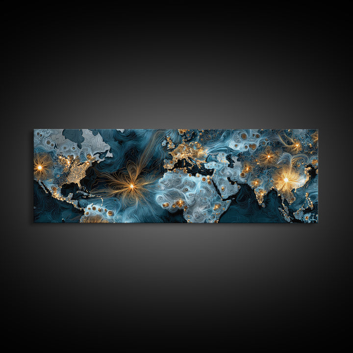 Blue Topographic World Map With Golden City Lights, Canvas Print, Modern Wall Art, Global Abstract Office Decor Poster Print