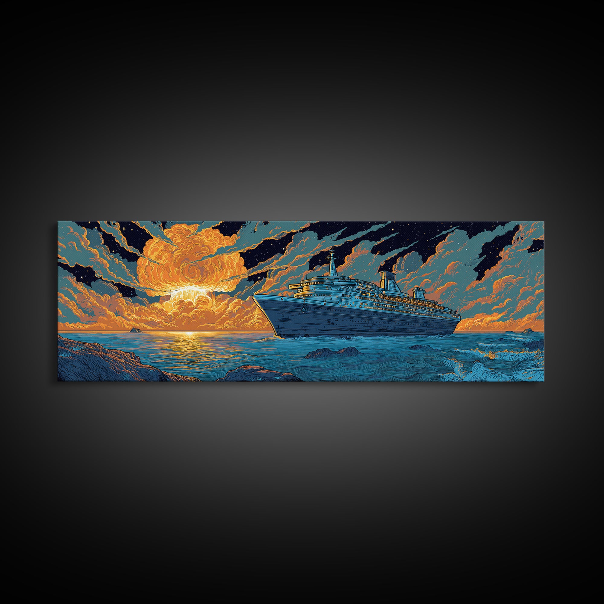 Dramatic Cruise Ship At Sunset Wall Art, Retro Ocean Travel Poster, Sci Fi Seascape Decor, Large Canvas Print Gift For Living Room
