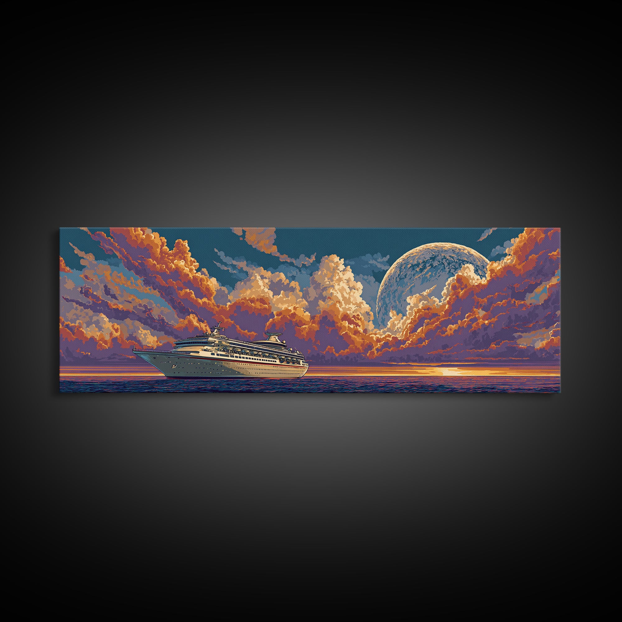 Moonlit Cruise Ship At Orange Ocean Sunset Wall Art, Retro Futuristic Travel Poster, Midcentury Modern Decor Canvas Print