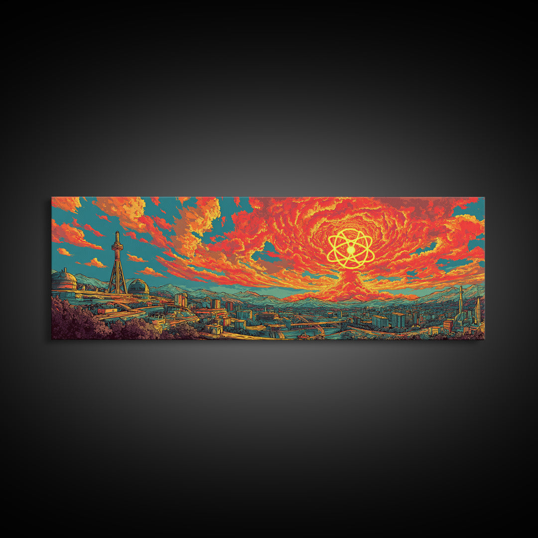 Fiery Atomic Sun Over Retro City Skyline Wall Art, Midcentury Modern Art Print, Bright Abstract Decor, Sci Fi Poster, Home Decor