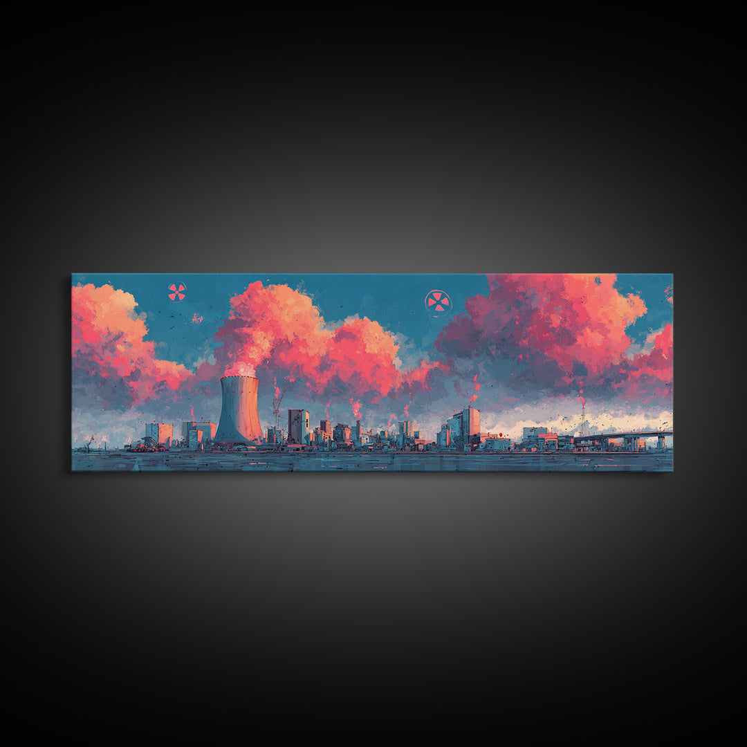 Pink Vapor Clouds Above Nuclear Plant Wall Art, Industrial Skyline Canvas Print, Retro Futuristic Modern Home Decor, Office Decor