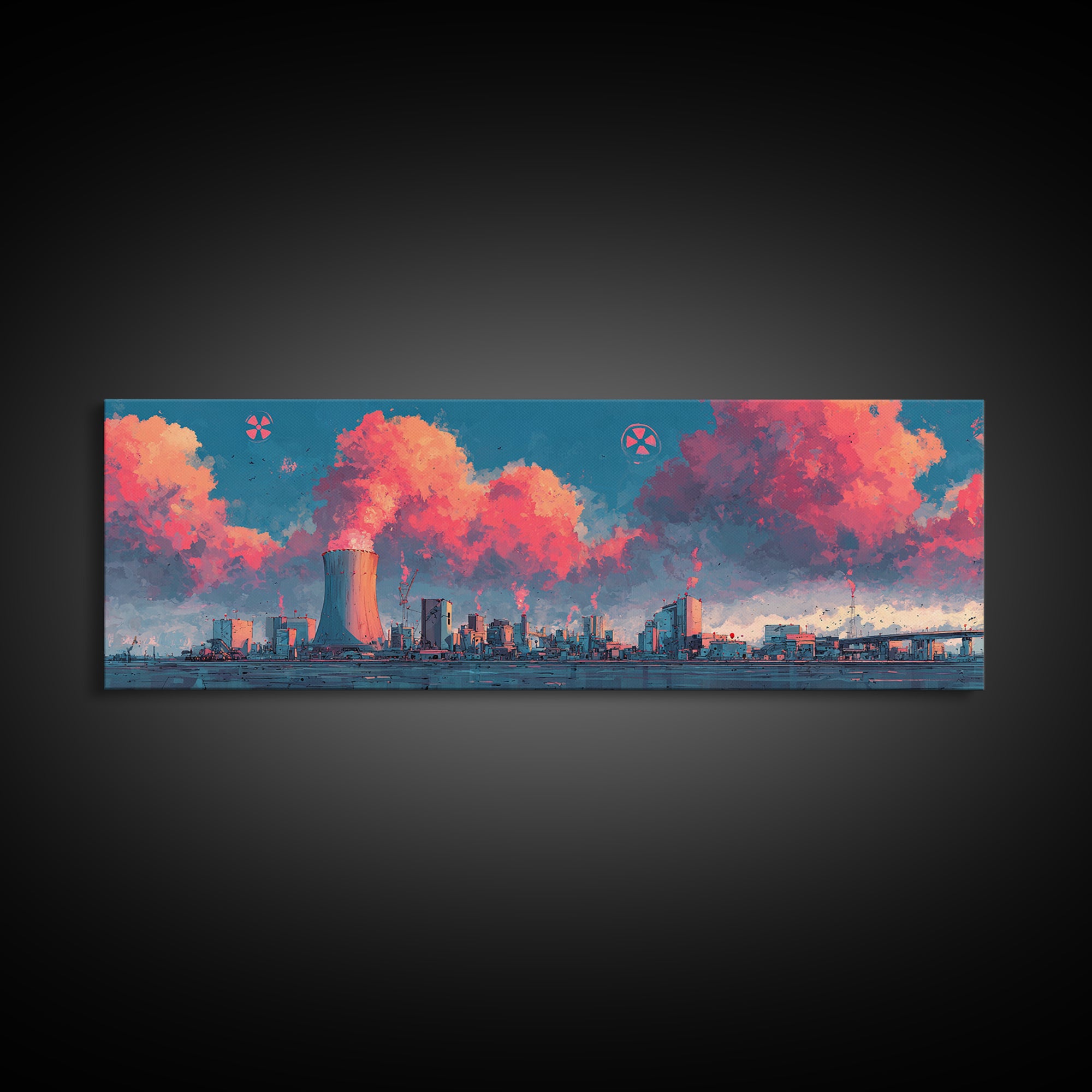 Pink Vapor Clouds Above Nuclear Plant Wall Art, Industrial Skyline Canvas Print, Retro Futuristic Modern Home Decor, Office Decor