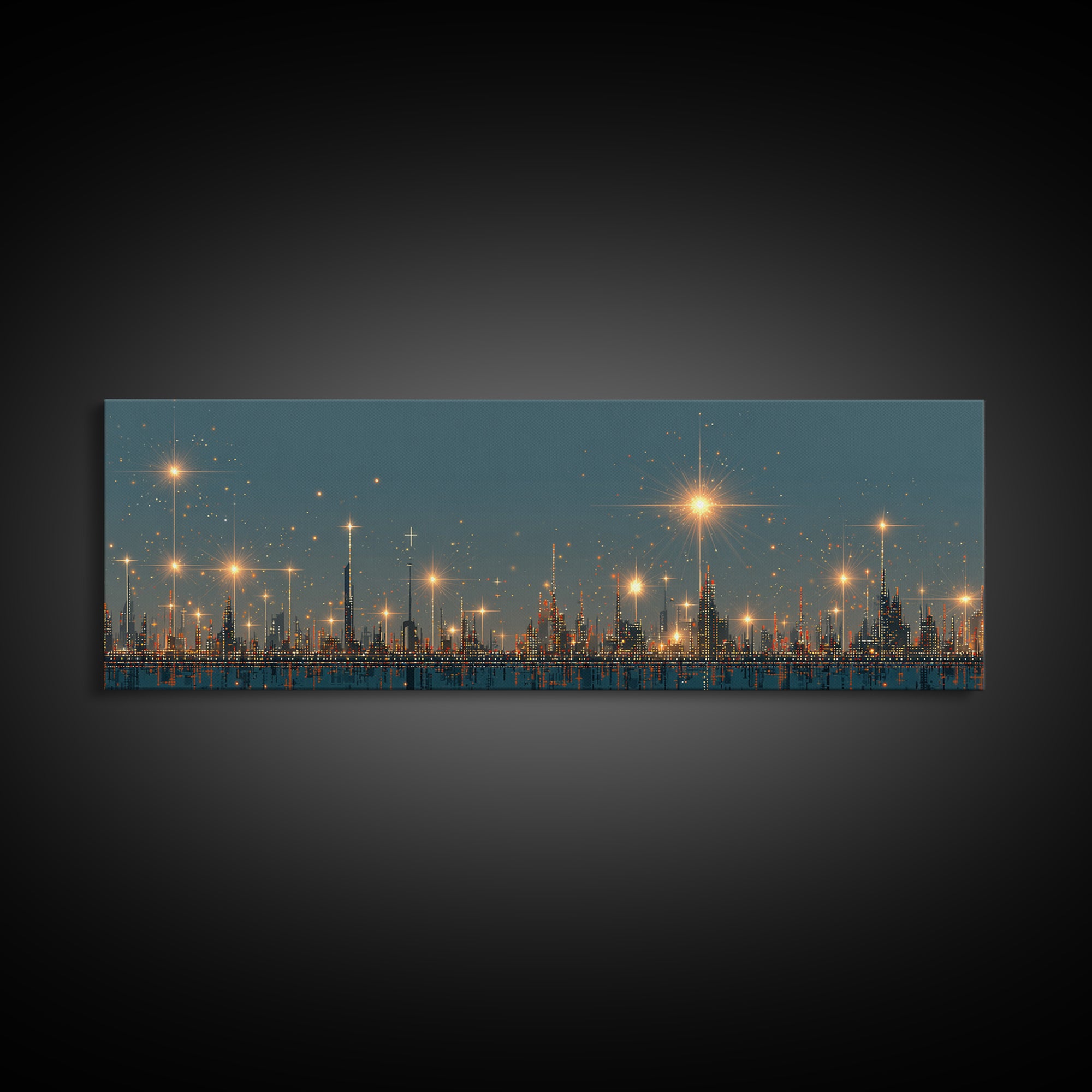 Golden Starbursts Over Night City Skyline Wall Art, Modern Abstract Art Print, Futuristic Urban Decor, Large Canvas Print
