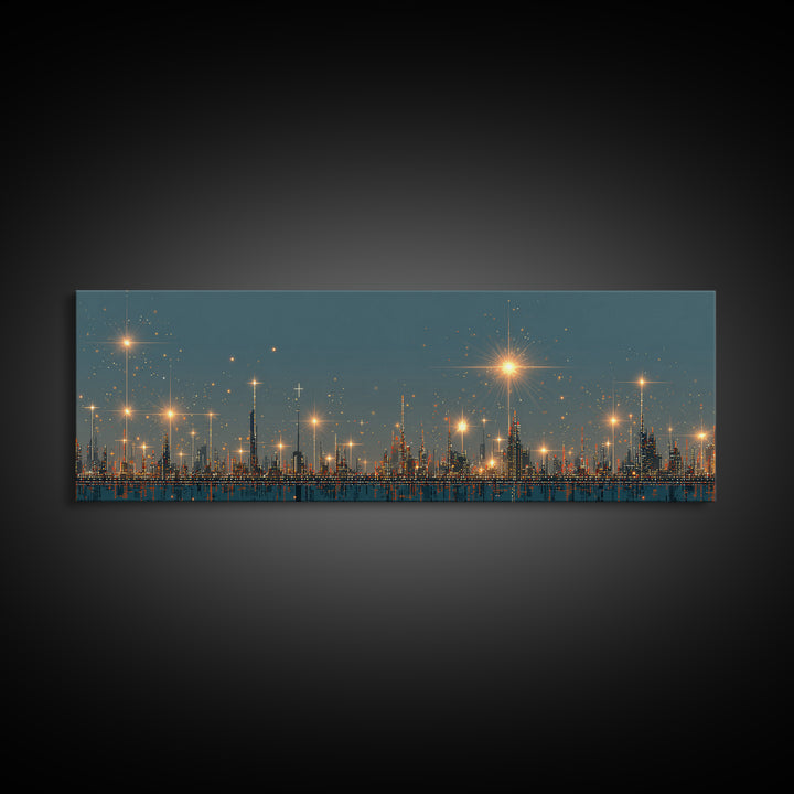 Golden Starbursts Over Night City Skyline Wall Art, Modern Abstract Art Print, Futuristic Urban Decor, Large Canvas Print