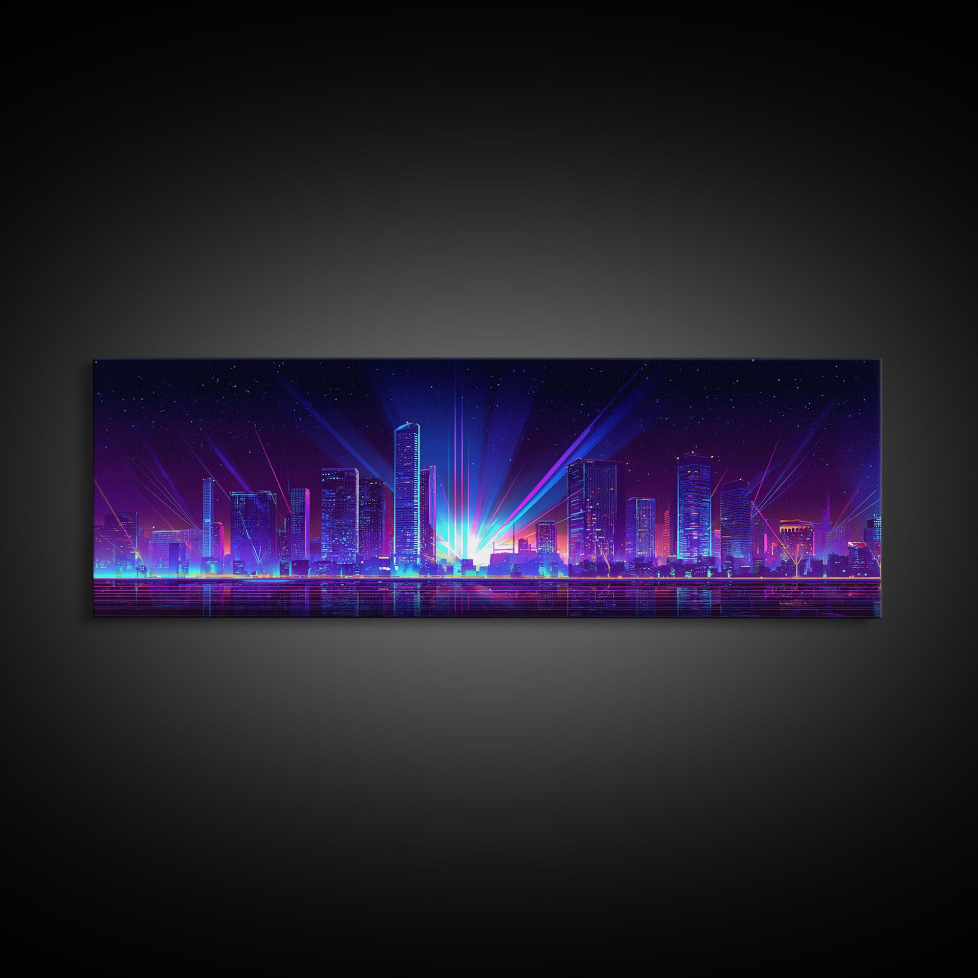 Neon Laser City Skyline At Night Wall Art, Cyberpunk Modern Art Print, Blue Purple Futuristic Decor, Large Canvas Print, Poster