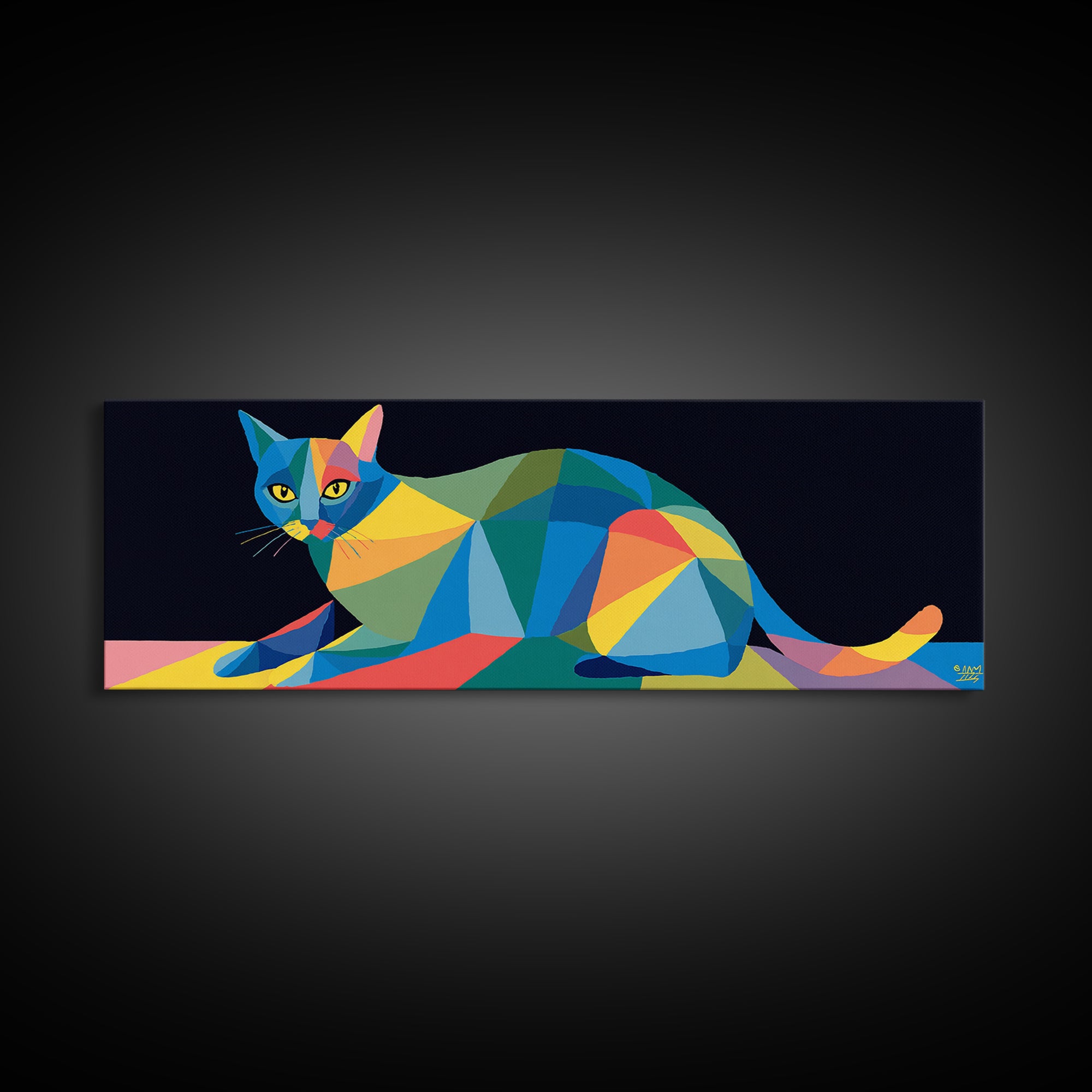 Colorful Low Poly Cat Reclining On Rainbow Shapes, Wall Art, Modern Geometric Art Print, Cat Lovers Gift, Funky Decor Poster