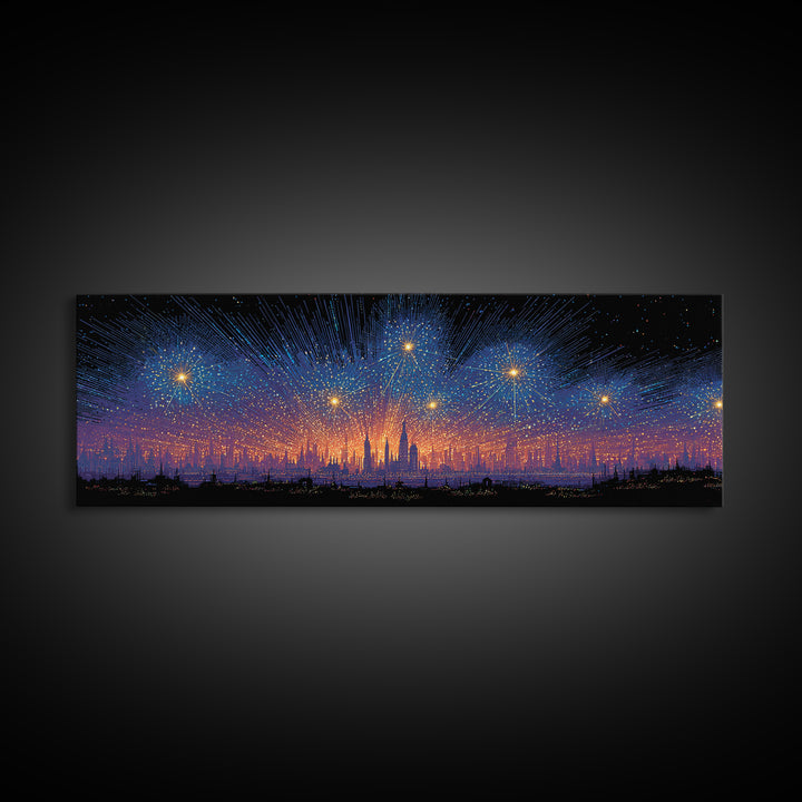Starry Digital Fireworks Above Distant Skyline Wall Art, Modern Abstract Art Print, Futuristic Night Decor, Canvas Print