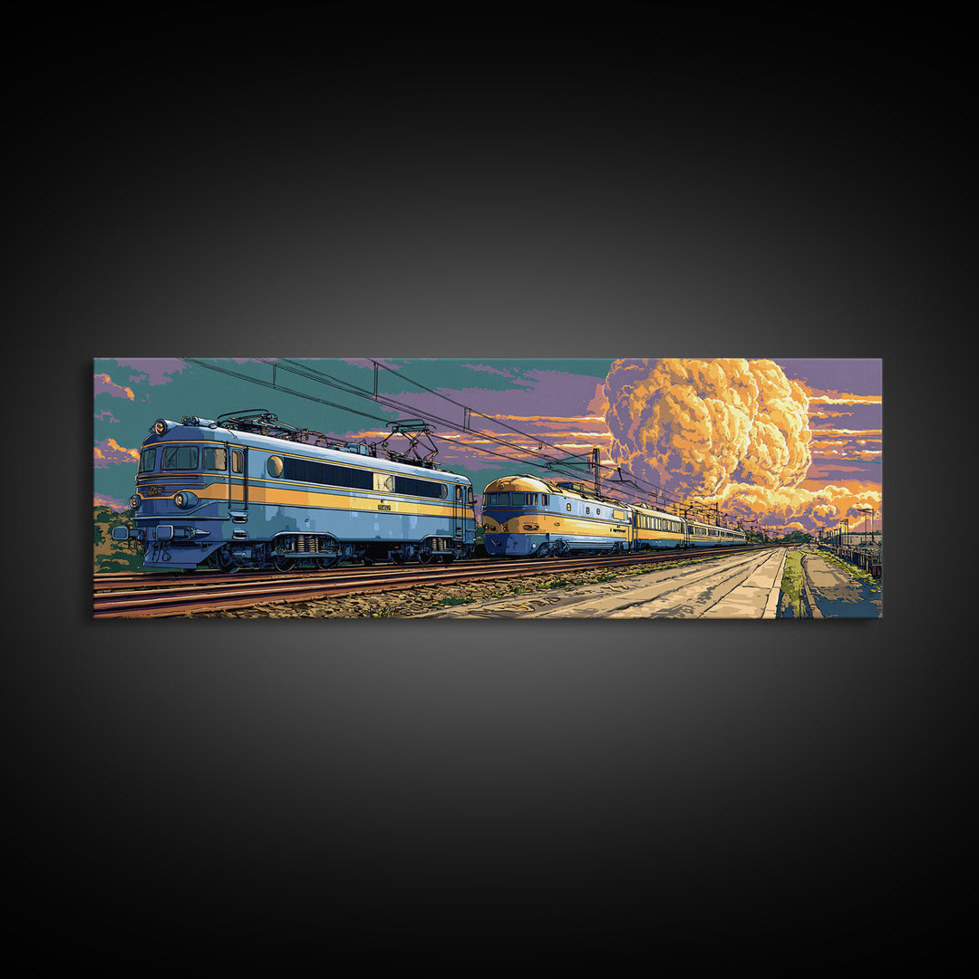 Blue Electric Trains Canvas Print, Atomic Explosion Rail Scene, Midcentury Modern Wall Art, Retro Sci Fi Travel Decor Poster