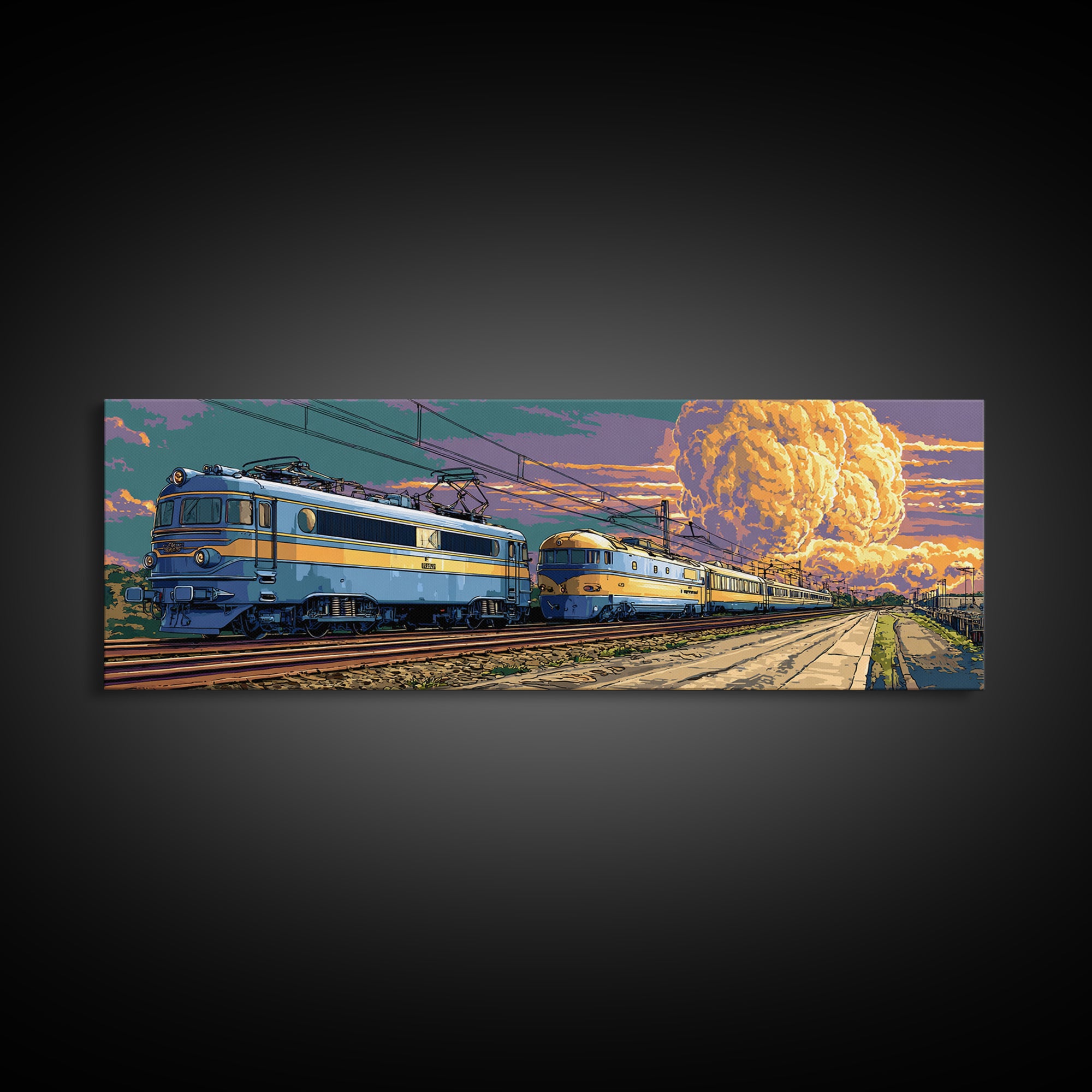 Blue Electric Trains Canvas Print, Atomic Explosion Rail Scene, Midcentury Modern Wall Art, Retro Sci Fi Travel Decor Poster