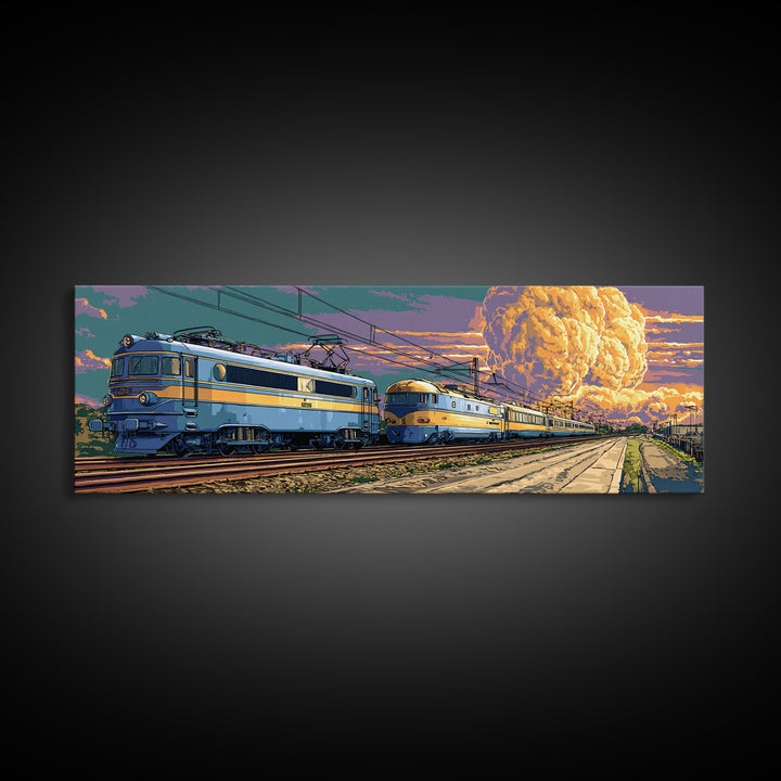 Blue Electric Trains Canvas Print, Atomic Explosion Rail Scene, Midcentury Modern Wall Art, Retro Sci Fi Travel Decor Poster