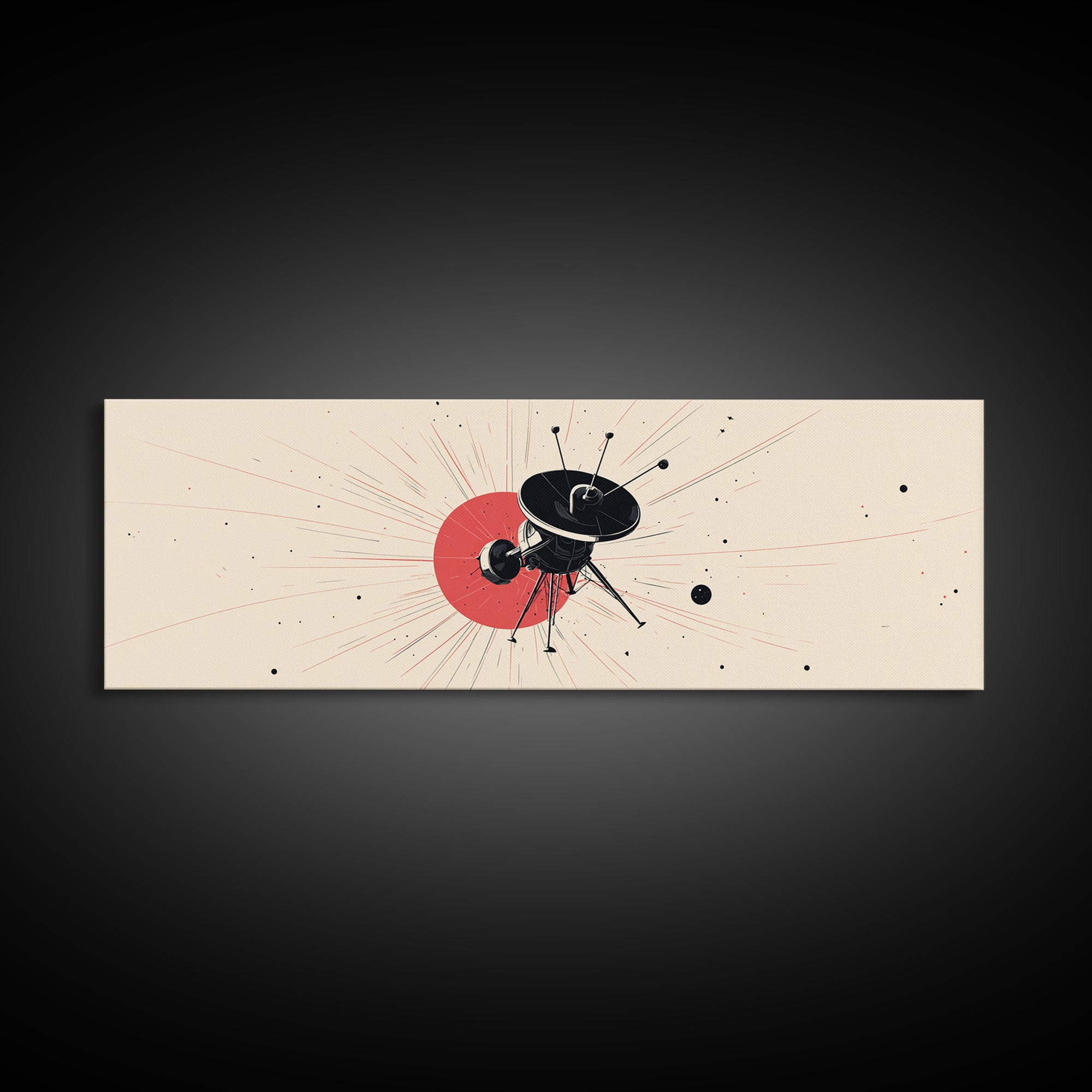 Minimal Black Space Probe Wall Art, Red Sunburst Abstract Satellite Print, Modern Sci Fi Poster, Retro Home Office Decor
