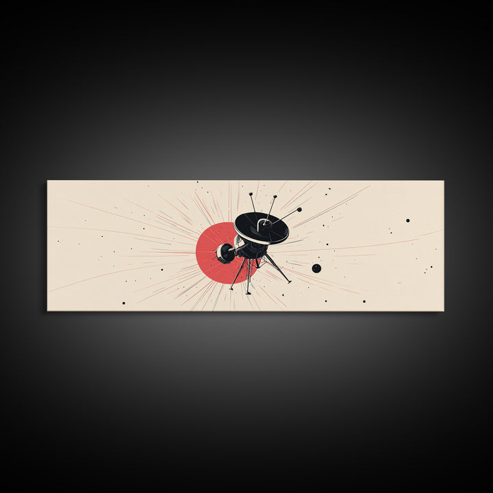 Minimal Black Space Probe Wall Art, Red Sunburst Abstract Satellite Print, Modern Sci Fi Poster, Retro Home Office Decor