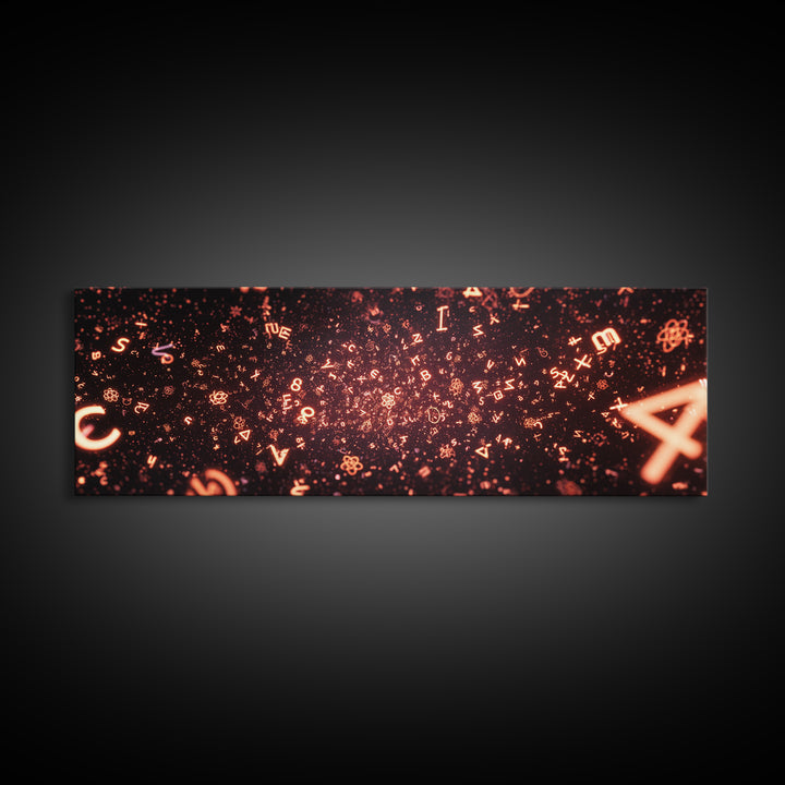 Glowing Orange Symbol Field Wall Art, Abstract Math Particle Poster, Modern Digital Art, Sci Fi Futuristic Office Decor Print