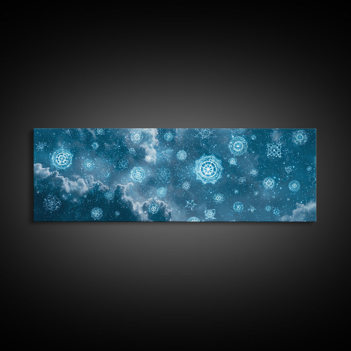 Glowing Teal Celestial Mandala Cloudscape Wall Art, Spiritual Geometric Art Print, Modern Home Decor, Cosmic Sky Poster For Bedroom