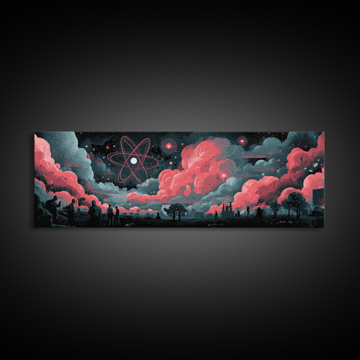 Red Atomic Clouds Over Retro Sci Fi Horizon Wall Art, Midcentury Modern Poster, Space Abstract Art, Moody Office Decor Print