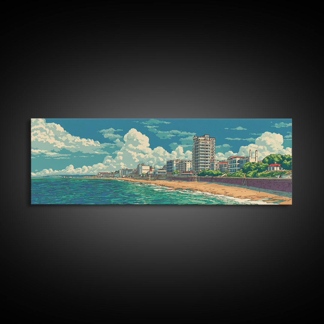 Sunny Coastal City Beach And Turquoise Sea Wall Art, Retro Travel Poster, Midcentury Modern Decor, Ocean Living Room Print