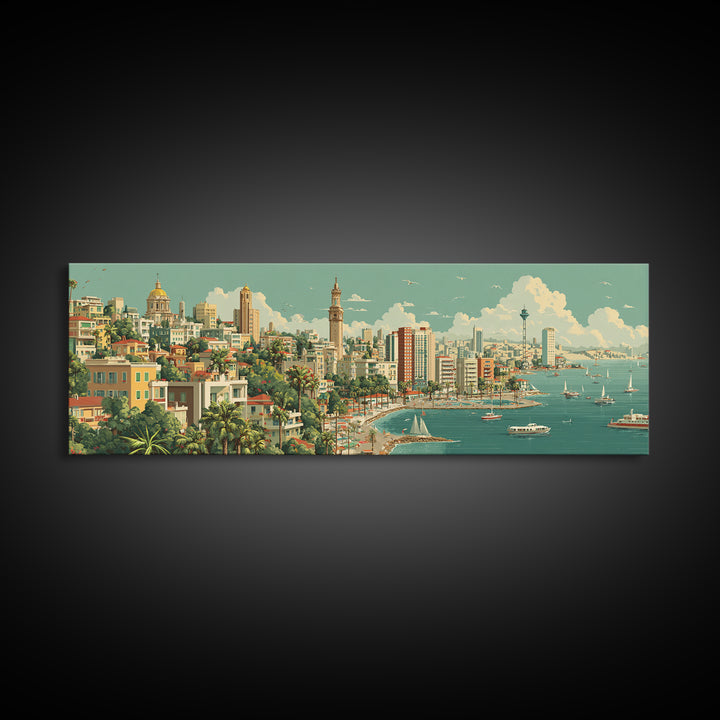 Lush Harbor City Skyline With Boats Canvas Print, Retro Travel Wall Art, Midcentury Modern Decor, Coastal Living Room Poster