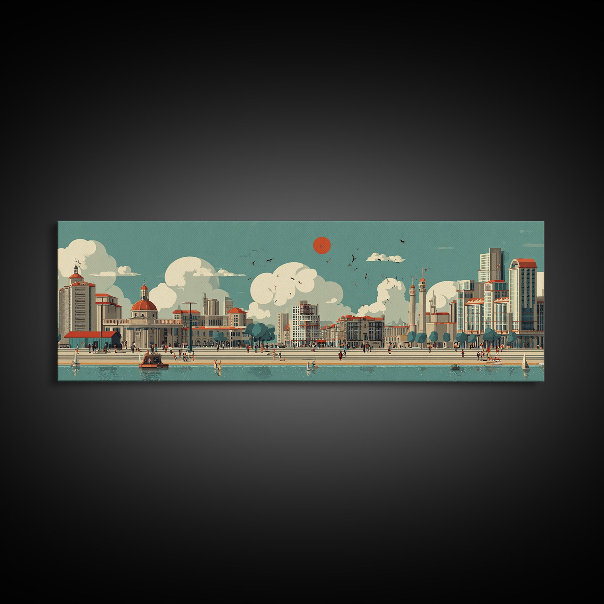 Retro Waterfront Promenade With Red Sun Wall Art, Midcentury Modern City Poster, Coastal Travel Print, Living Room Decor