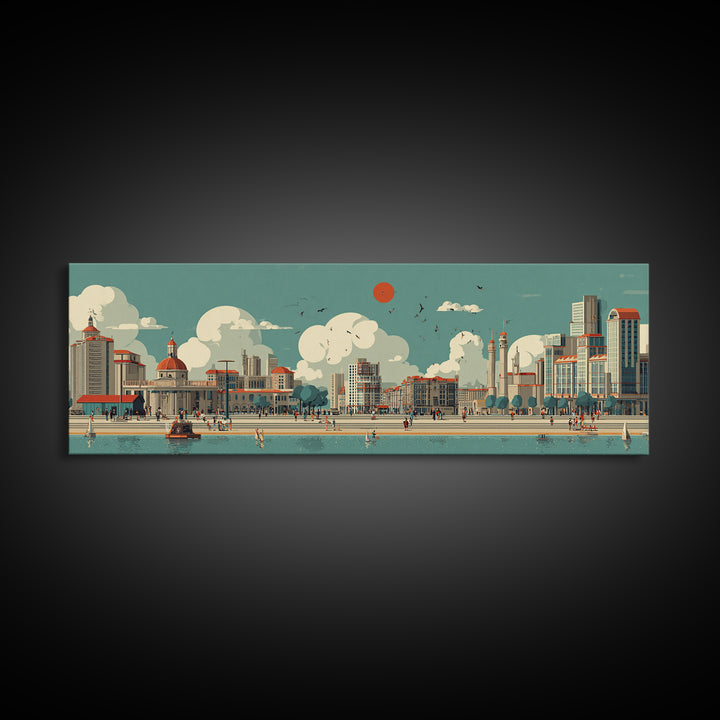 Retro Waterfront Promenade With Red Sun Wall Art, Midcentury Modern City Poster, Coastal Travel Print, Living Room Decor
