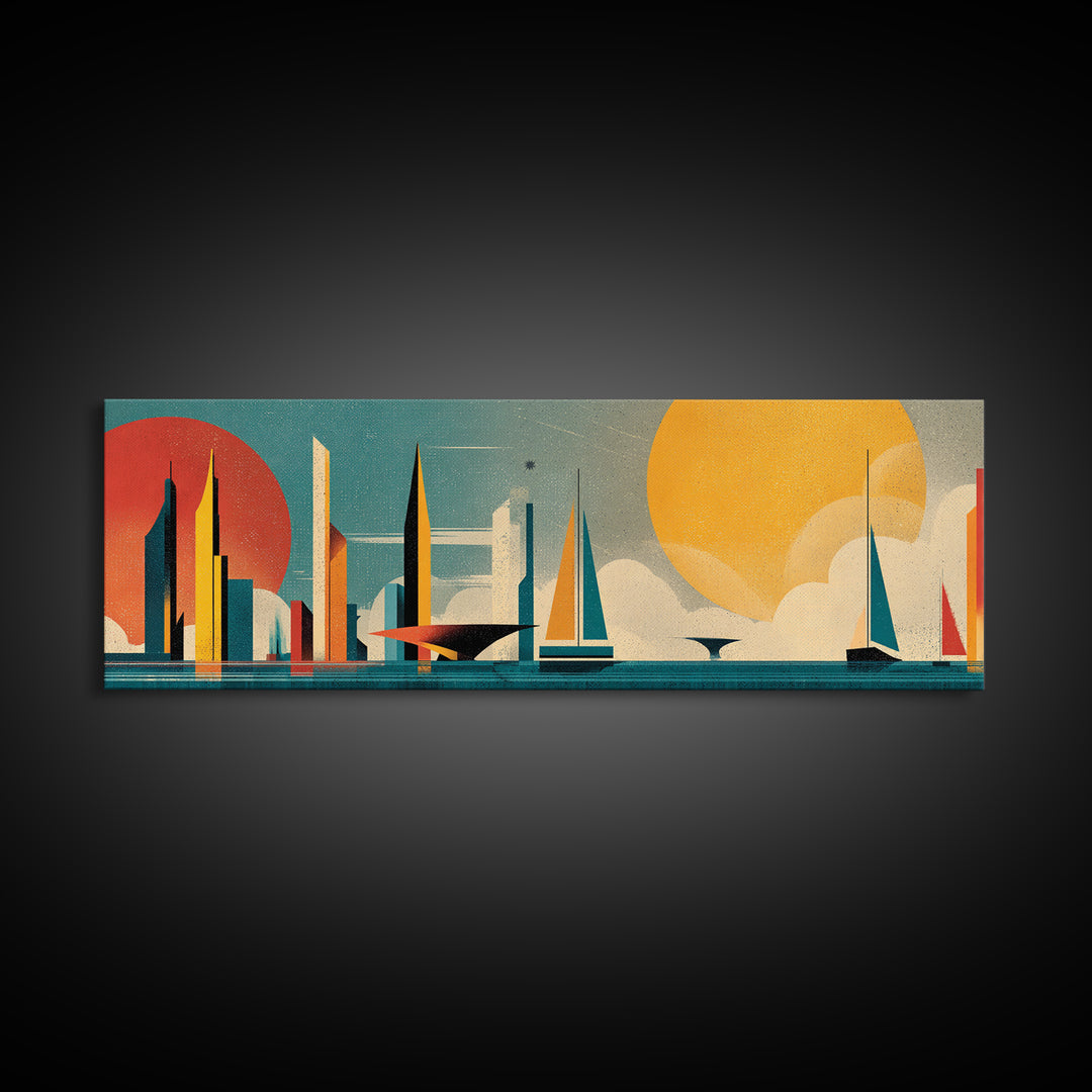 Futuristic Sailboat Skyline With Red And Yellow Suns Wall Art, Midcentury Modern Abstract Poster, Geometric Coastal Decor