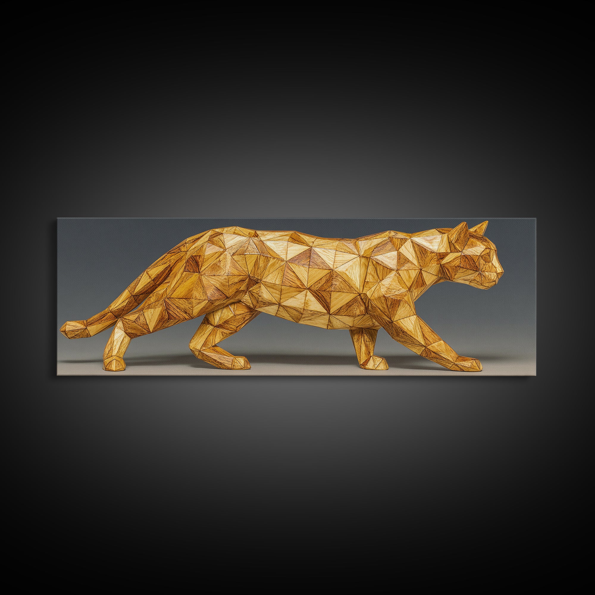 Golden Low Poly Panther Sculpture In Faceted Geometry, Framed Canvas Print, Modern Wall Art, Geometric Animal Decor Statement Poster