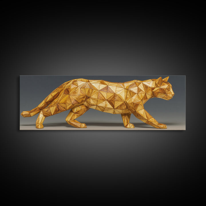 Golden Low Poly Panther Sculpture In Faceted Geometry, Framed Canvas Print, Modern Wall Art, Geometric Animal Decor Statement Poster