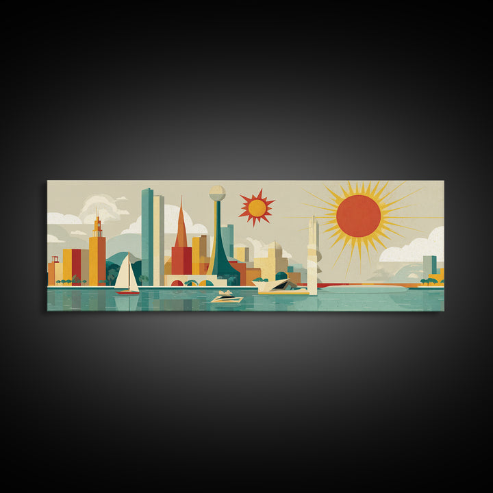 Modern Marina Skyline With Giant Sun Canvas Print, Midcentury Modern Wall Art, Retro Travel Poster, Coastal Home Decor Print