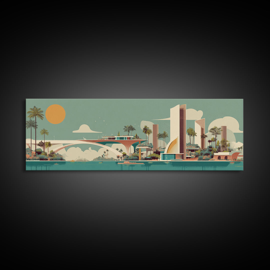 Retro Futurist Palm Springs Marina Wall Art, Mid Century Modern Canvas Print, Atomic Resort Decor, Orange Sun Large Poster