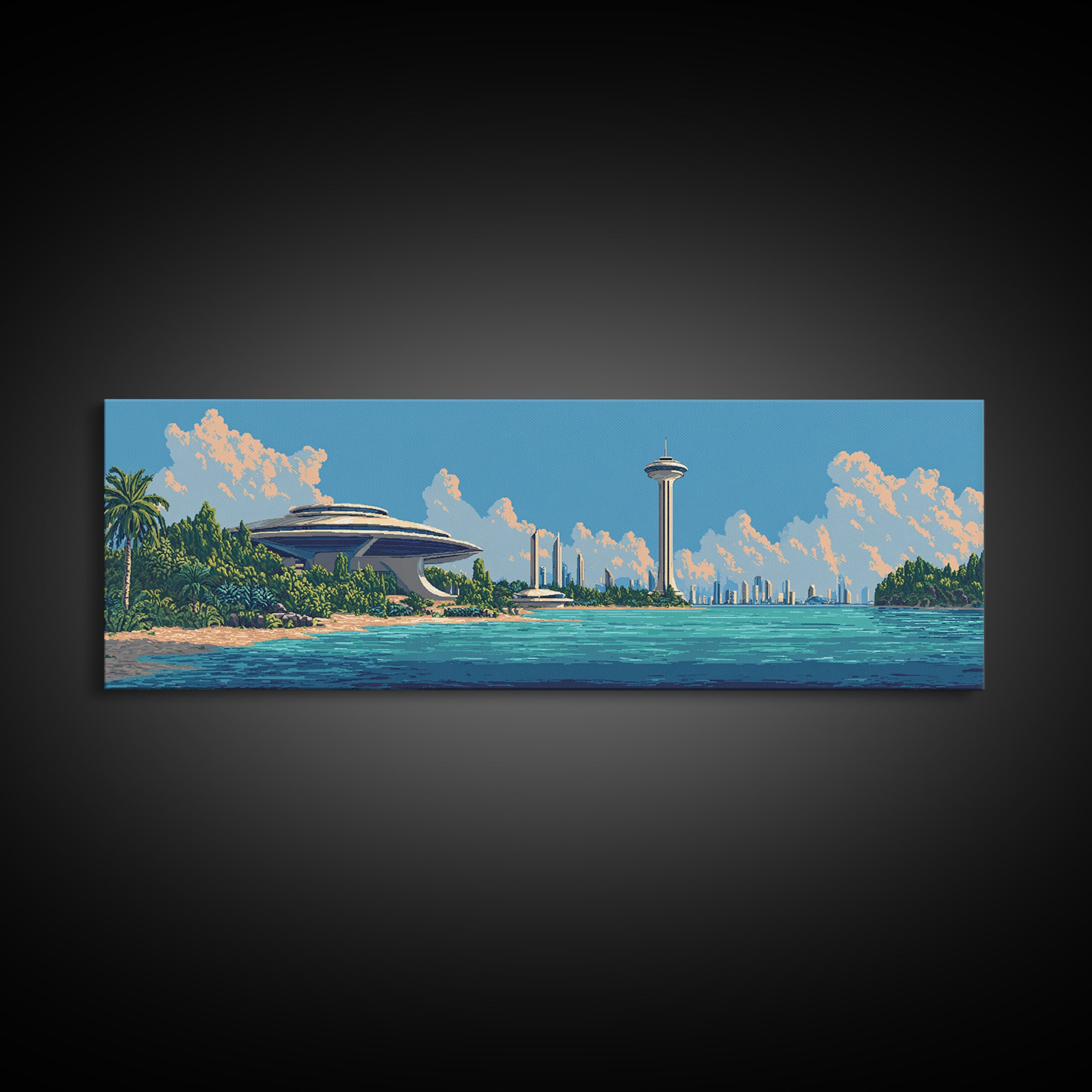 Retro Futuristic Seattle Skyline Large Canvas Print, Space Needle Wall Art, Midcentury Modern Decor, Sci Fi Travel Poster