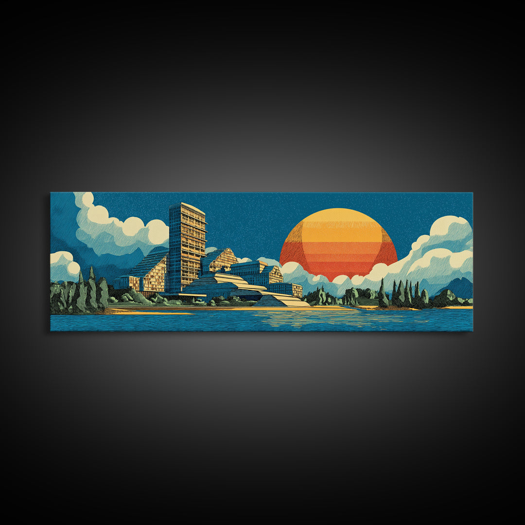 Mountain Lake Modernist Resort Wall Art, Midcentury Modern Canvas Print, Scenic Sunset Landscape, Large Retro Home Decor
