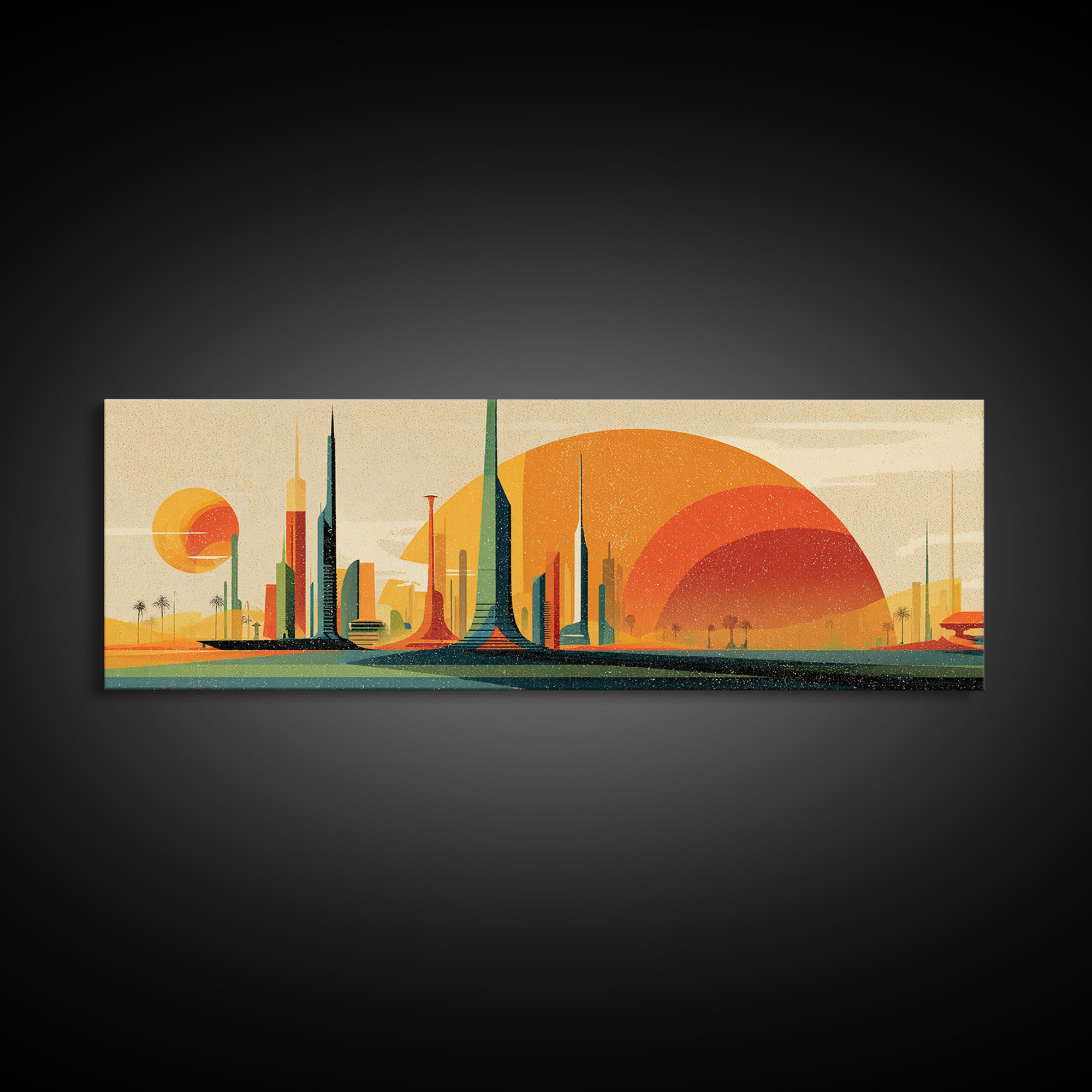 Futuristic Desert Skyline Canvas Print, Mid Century Modern Wall Art, Orange Sun Abstract Cityscape, Retro Sci Fi Poster Decor