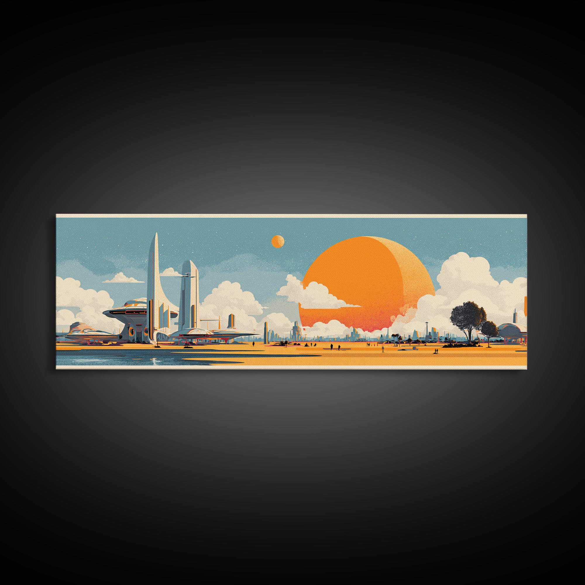 Retro Futuristic Expo Skyline Wall Art, Midcentury Modern Canvas Print, Orange Sun Space Age Architecture Large Poster Decor