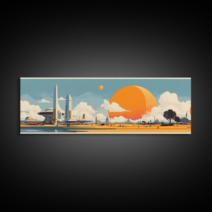 Retro Futuristic Expo Skyline Wall Art, Midcentury Modern Canvas Print, Orange Sun Space Age Architecture Large Poster Decor