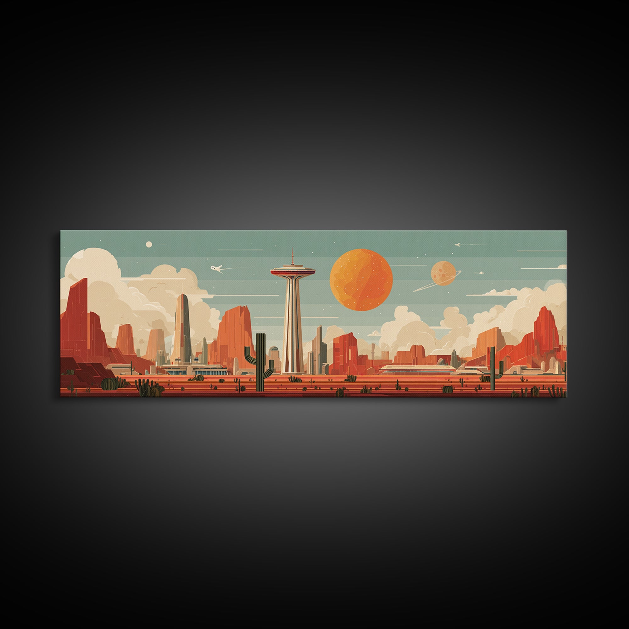 Retro Space Needle Desert Wall Art, Midcentury Modern Canvas Print, Orange Planet Cityscape, Southwestern Sci Fi Poster Decor