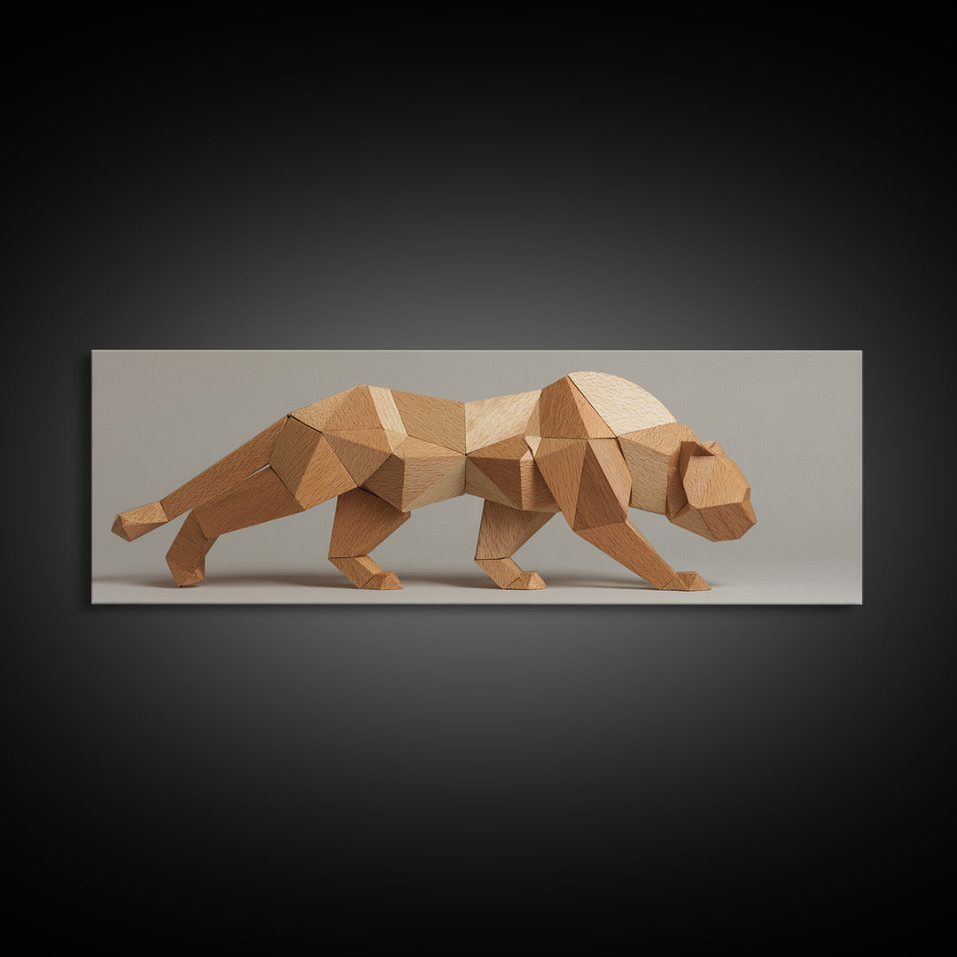 Neutral Low Poly Big Cat Sculpture With Faceted Forms, Canvas Print, Modern Geometric Wall Art, Minimalist Animal Decor Poster