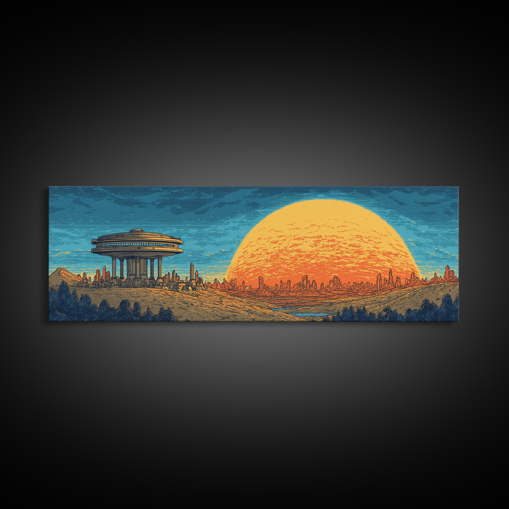Alien Desert City Sunset Wall Art, Retro Futuristic Canvas Print, Mid Century Modern Sci Fi Landscape, Orange Sun Poster Decor