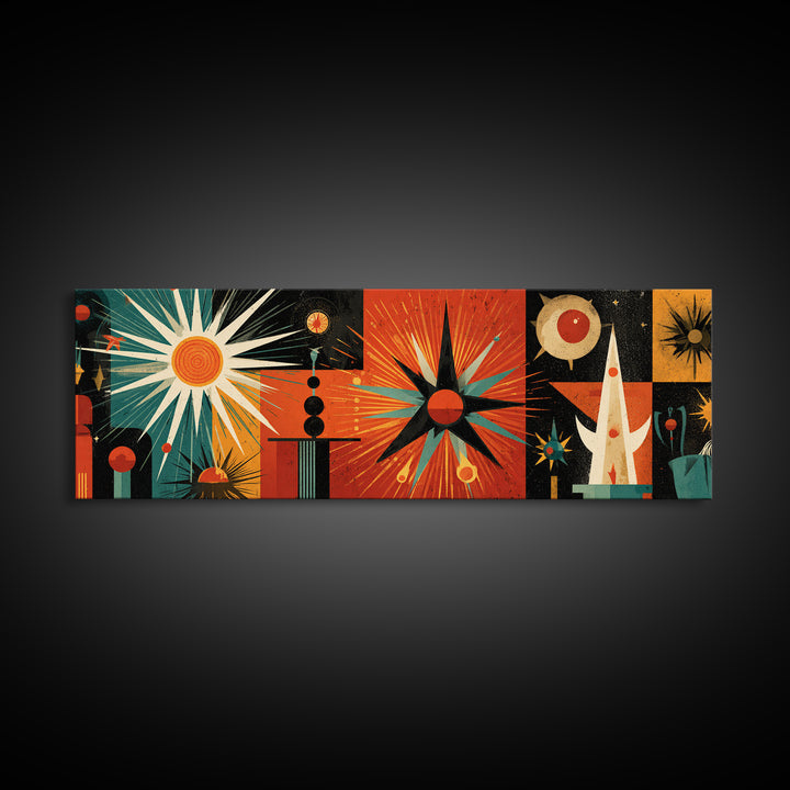 Orange Teal Atomic Sunburst Canvas Print, Midcentury Modern Geometric Space Age Poster, Bold MCM Wall Decor For Office Home