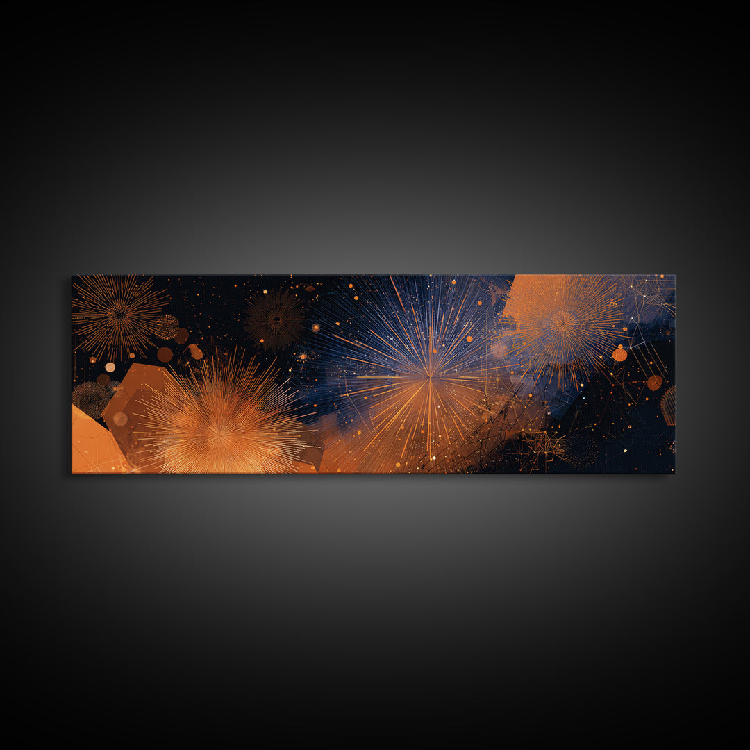 Orange Gold Firework Night Sky Canvas Print, Modern Abstract Celestial Wall Decor, Cosmic Retro Art For Living Room Poster