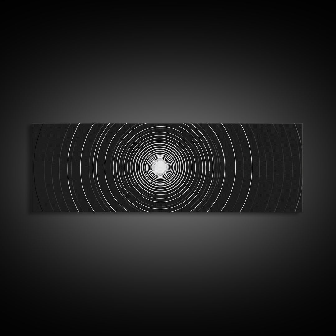 White Light Concentric Circle Canvas Print, Black Modern Op Art Wall Decor, Minimal Geometric Poster For Home Office Space