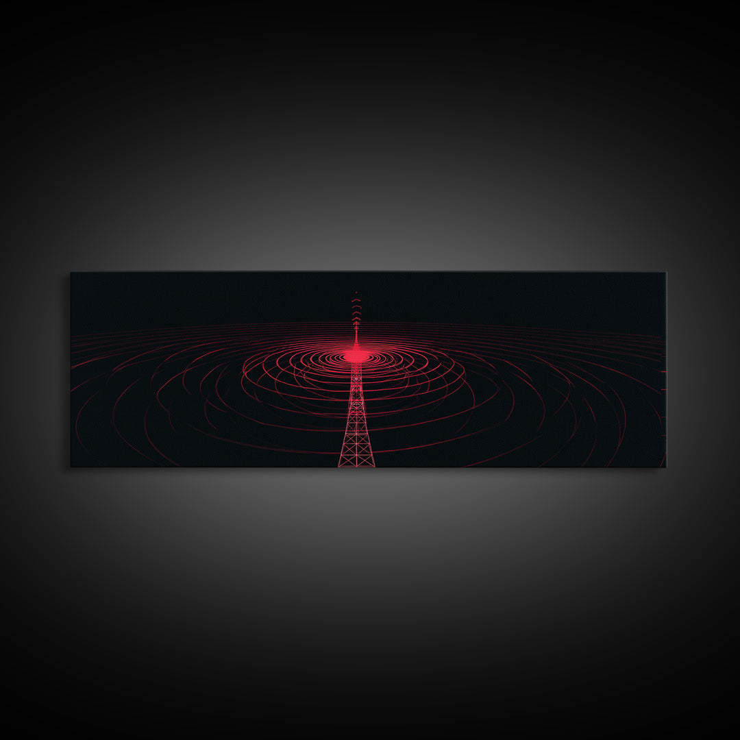 Red Radio Tower With Concentric Signal Rings Wall Art, Futuristic Retro Abstract Print, Modern Wall Decor, Large Sci Fi Retro Art