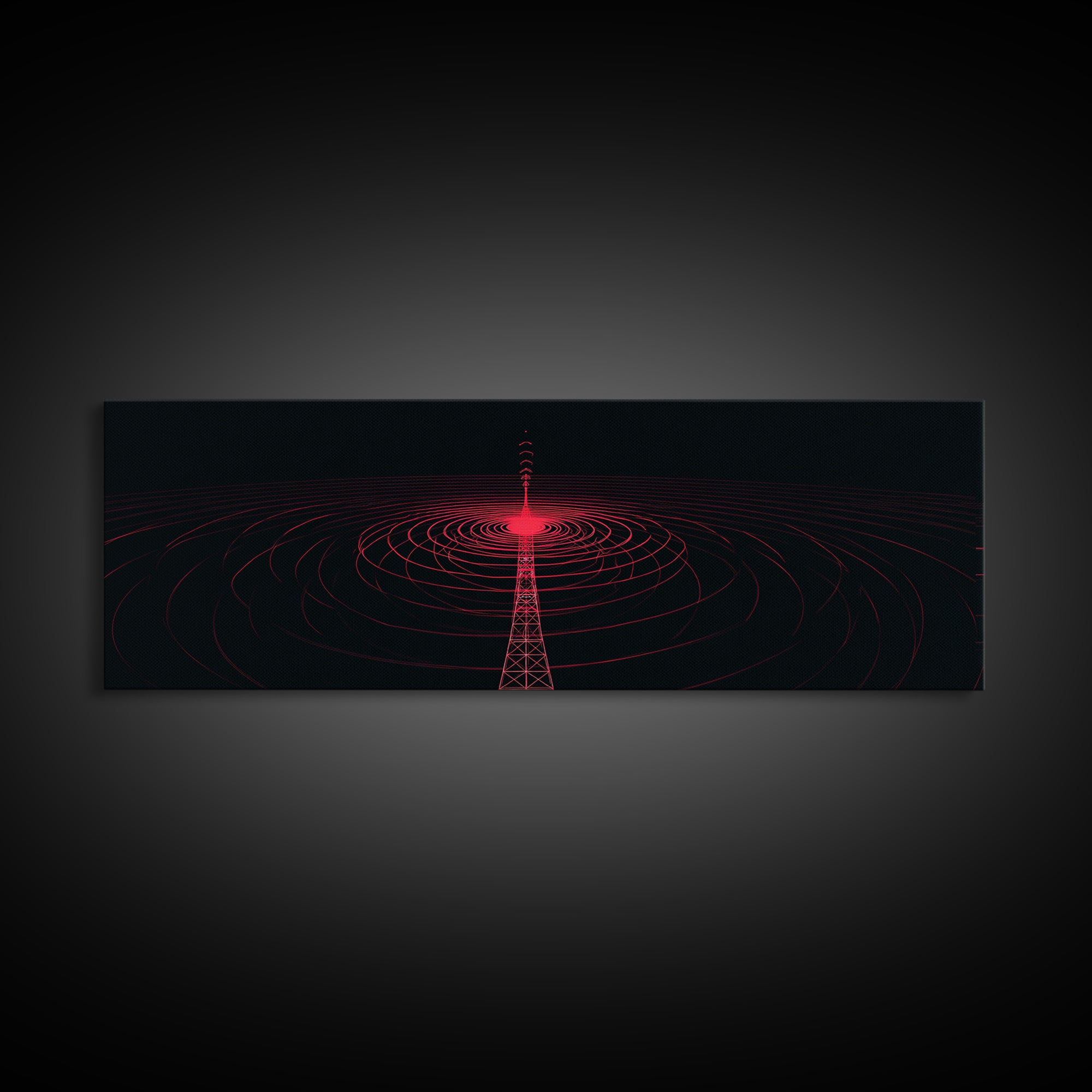 Red Radio Tower With Concentric Signal Rings Wall Art, Futuristic Retro Abstract Print, Modern Wall Decor, Large Sci Fi Retro Art