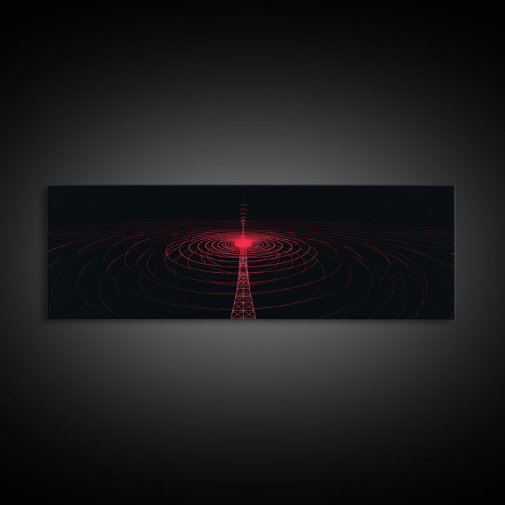 Red Radio Tower With Concentric Signal Rings Wall Art, Futuristic Retro Abstract Print, Modern Wall Decor, Large Sci Fi Retro Art